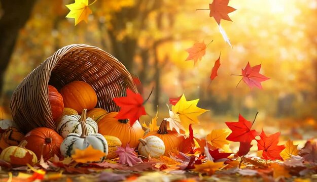 Thanksgiving cornucopia wicker basket overflowing with autumn harvest, orange and white pumpkins, gourds, squash spilling out, surrounded by colorful fall leaves