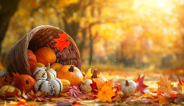 Thanksgiving cornucopia wicker basket overflowing with autumn harvest, orange and white pumpkins, gourds, squash spilling out, surrounded by colorful fall leaves