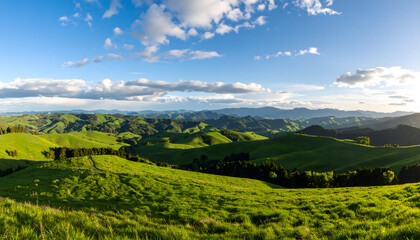 Obraz premium Vast Green Rolling Hills Under Clear Blue Sky with Scattered Clouds and Vibrant Nature