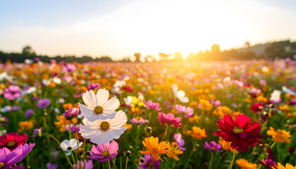 Fototapeta premium Vibrant Field of Wildflowers in Full Bloom During Sunset Creating a Warm Atmosphere