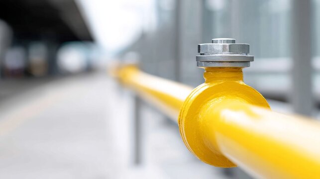 A close-up view of a yellow pipe connection with a shiny metal bolt. This industrial image showcases modern design and sturdy craftsmanship. Ideal for engineering or construction themes. AI