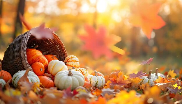 Thanksgiving cornucopia wicker basket overflowing with autumn harvest, orange and white pumpkins, gourds, squash spilling out, surrounded by colorful fall leaves
