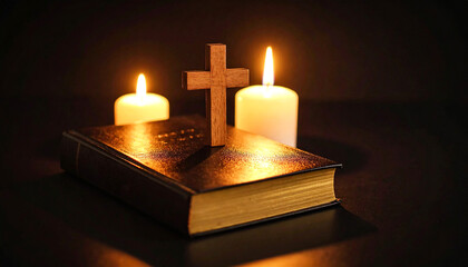 Wooden cross resting on an open Holy Bible illuminated by glowing candlelight, symbolizing faith, prayer, and spiritual devotion in a serene and contemplative Christian atmosphere
