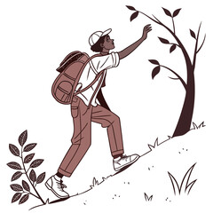 Young hiker with backpack climbing a grassy slope reaching for a tree branch