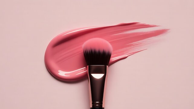 Makeup brush with pink lip gloss smear on pink background