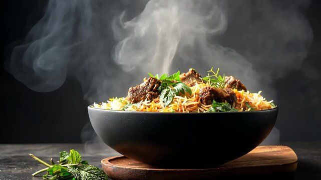 Delicious steaming hot mutton biryani served on a bowl with aromatic steam, Traditional Cuisine in 4K motion video.