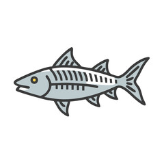 Stylized fish skeleton graphic with yellow eye on black