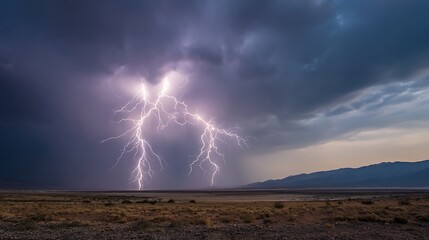 Dramatic lightning storm over the desert landscape at dusk or dawn time
