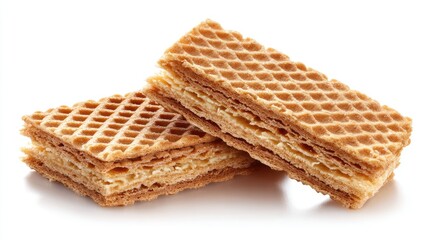 Two crispy, golden-brown wafer biscuits, layered with creamy filling, rest on a pristine white background