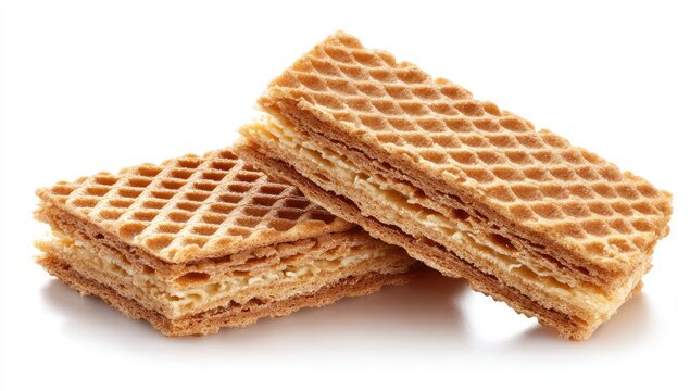 Two crispy, golden-brown wafer biscuits, layered with creamy filling, rest on a pristine white background