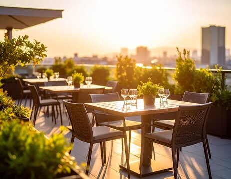 Terraza exterior de restaurante con mesas elegantes, sillas modernas, plantas en maceteros rectangulares