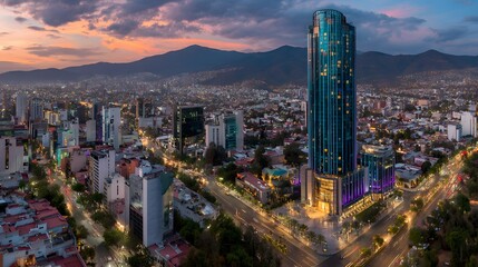 Obraz premium City skyline at twilight, showcasing modern architecture and urban landscape.