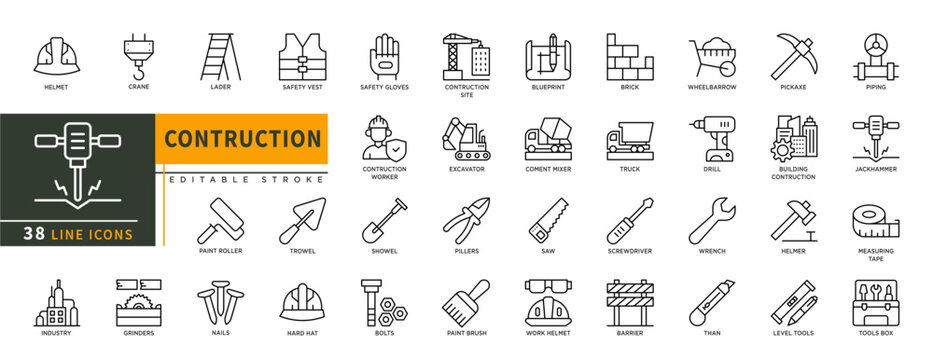 Minimalist Contruction line icons set with editable stroke, featuring helmet, crane, lader, safety vest, gloves, contruction site, excavator, pickaxe, drill, srench, than. thin linear illustration.
