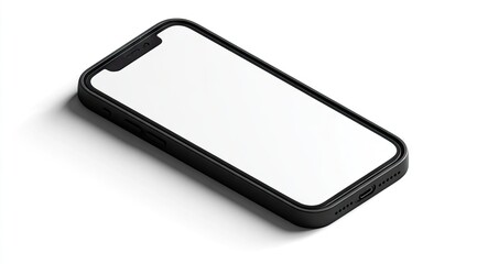 Isometric view of a black smartphone with a blank white screen, subtly cast shadow on a white background, showcasing sleek design and minimal details