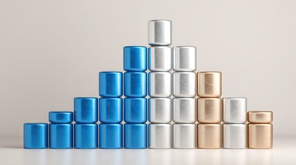 Stacked blue, silver, and gold metallic cylinders arranged in a pyramid formation, representing financial data, market trends, and business growth