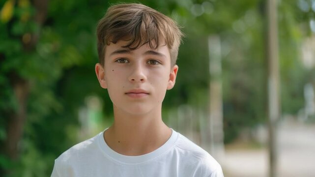 A young boy posing for a photo wearing a white t-shirt, suitable for use in personal or commercial projects requiring an image of a happy child