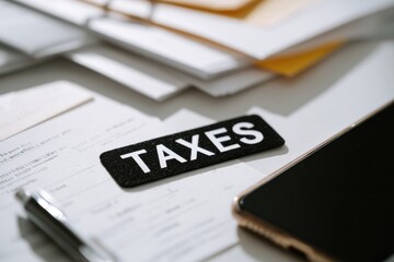 Fototapeta premium Tax season. Taxation. Word Taxes, calculator, documentation. Paperwork, documents, financial research, report. Calculation tax return. Personal banking. Finance. Planning budget. Calculating expense