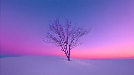 Solitary tree on a snowy landscape at dawn.