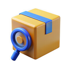3d cartoon package with magnifying glass isolated on transparent background