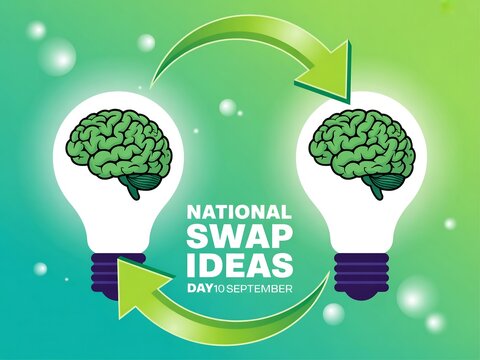 National swap ideas day celebrated with brains inside lightbulbs symbolizing innovation and collaboration