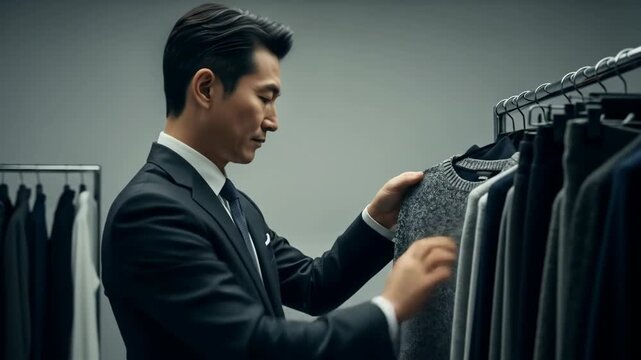 Man in Black Suit Selects Gray Clothing in Dark Studio