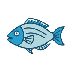 Cartoon blue fish swimming against black background, simple illustration