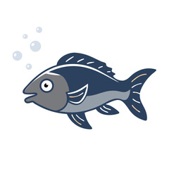 Cartoon fish swimming with bubbles on a black background