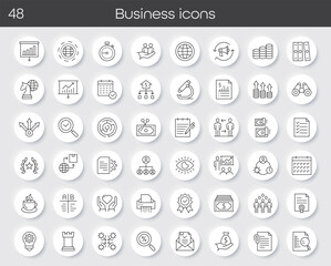 Business icons set with charts, graphs, money, calendar, documents, people, strategy, communication, finance, and marketing. Perfect for corporate, office, and professional design projects. Vector