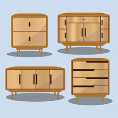 Furniture set of wooden brown cupboard table interior elements illustration vector