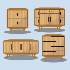 Furniture set of wooden brown cupboard table interior elements illustration vector