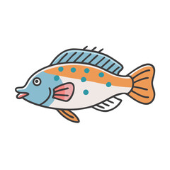 Cartoon illustration of colorful fish with turquoise polka dots