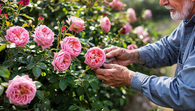 Older gardener with a tranquil mood pruning pink roses in a garden - Powered by Adobe
