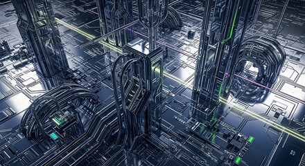 Obraz premium Digital Cityscape: Abstract AI Network with Glowing Data Pathways