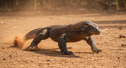 Powerful Komodo Dragon Striding, Kicking Up Dust, Forked Tongue Extended in Arid Habitat