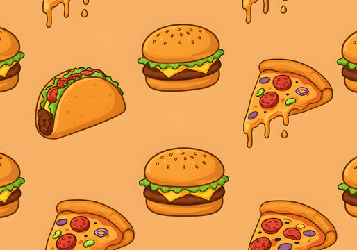 Seamless fast food pattern with burger taco and pizza graphics