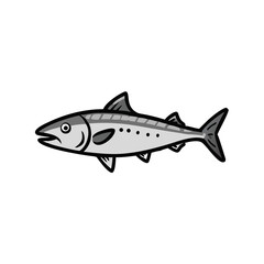 Stylized grey mackerel fish illustration on clean black backdrop