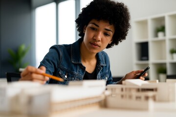 Focused Architect Examining Building Model in Bright Office with Mobile Phone in Hand.