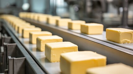Fototapeta premium Production Process of Fresh Butter Blocks on Conveyor Belt in Dairy Factory