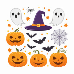 Festive Halloween Collection Featuring Pumpkins Ghosts Bats and Witch Hat