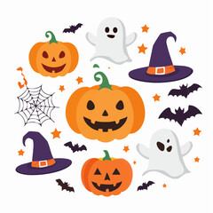 Whimsical Halloween Icons Smiling Pumpkins Playful Ghosts and Pointed Witch Hats
