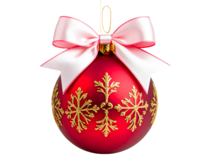 Red Christmas ball with a beautiful bow and a golden pattern. christmas design isolated on transparent background.