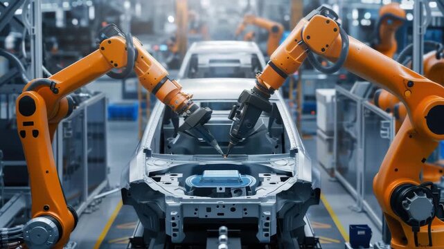 Robots welding in auto manufacturing plant