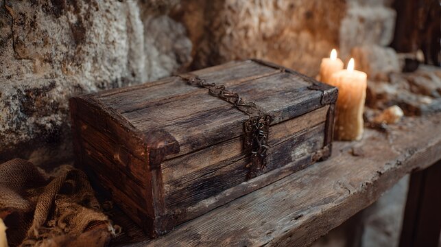 Aged wooden chest with rusty chains on a rustic table.