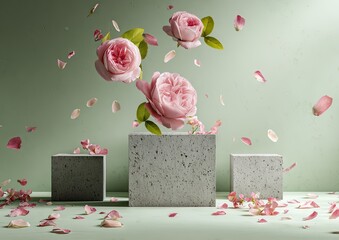 Levitating pink roses and scattered petals above speckled grey cube displays against a muted green backdrop