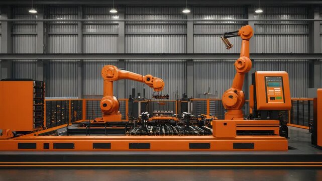 Robotic arms assemble components in automated factory setting