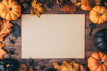 Halloween flat lay with parchment, garland, pumpkins, and spooky props for seasonal design projects