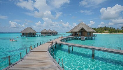 Obraz premium Overwater bungalows in a tropical paradise with crystal-clear turquoise waters, white sandy beach, and a sunny blue sky