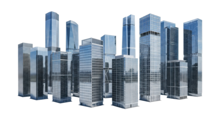 A collection of modern glass skyscrapers with sleek lines and intricate facades, varying in height and shape, isolated on a transparent plain with shadowless studio lighting, high-angle full view.