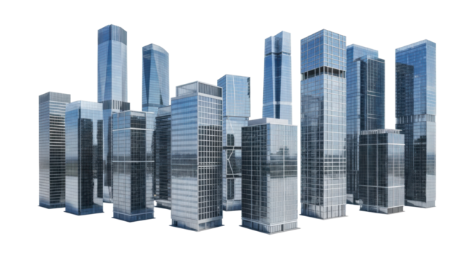 A collection of modern glass skyscrapers with sleek lines and intricate facades, varying in height and shape, isolated on a transparent plain with shadowless studio lighting, high-angle full view.