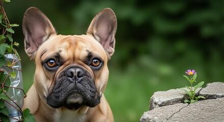 Fototapeta premium Fawn French Bulldog Looking at Small Purple Flower in Cracked Concrete